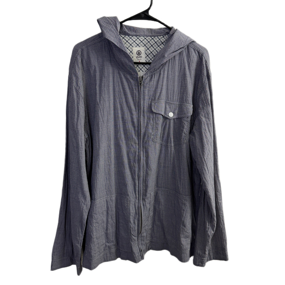 Ever Clothing Hooded Jacket Mens Large Navy Gingham Full Zip Outdoors Lined